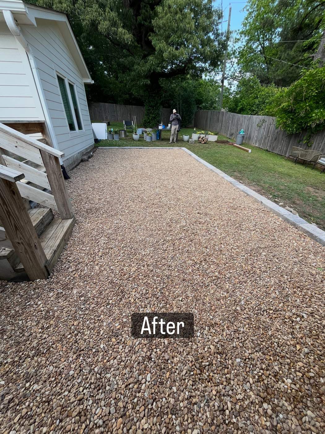 Finished pea gravel patio with stone border installed by SOG Services in Birmingham, AL