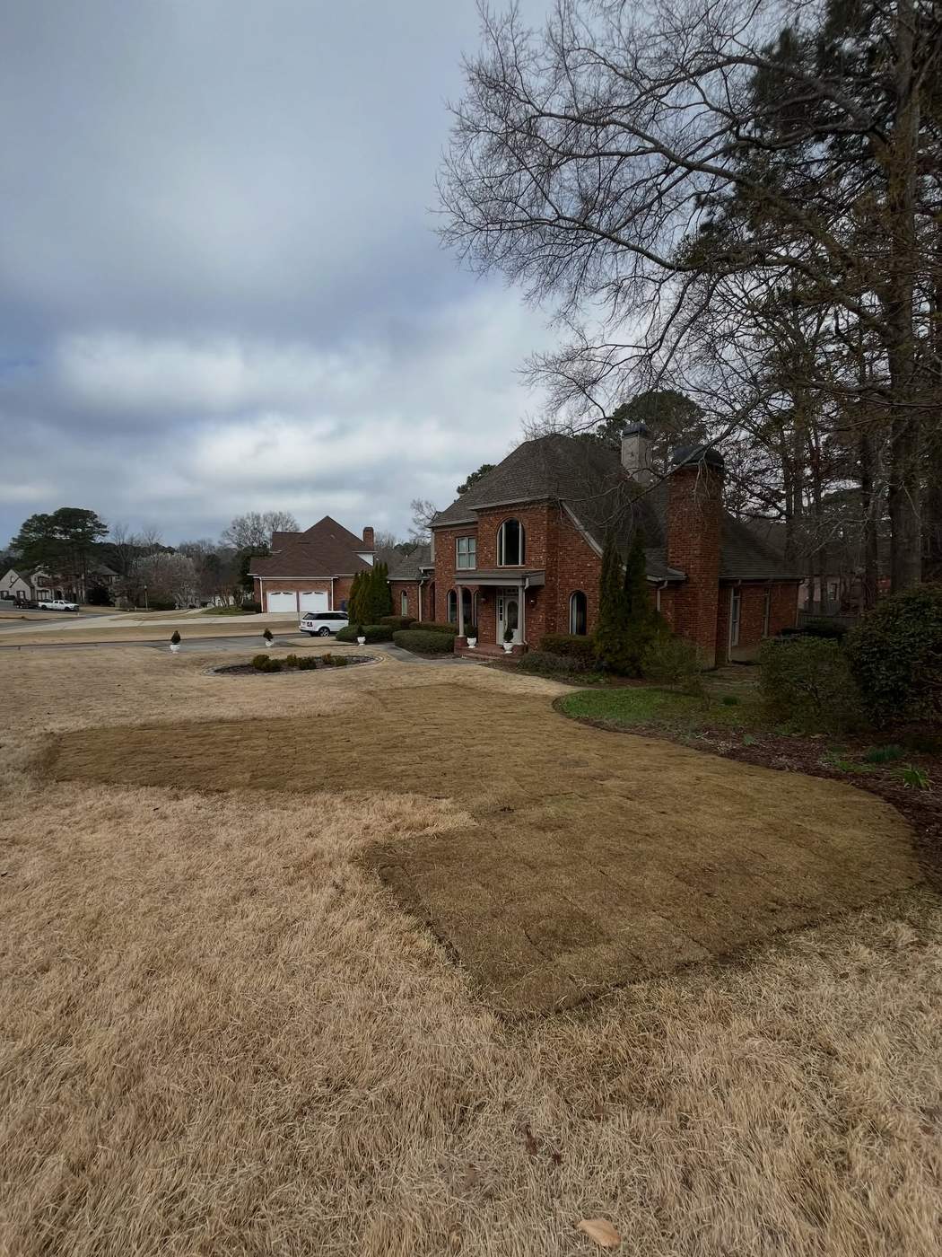 Fresh sod installation on a Birmingham, AL front lawn